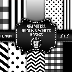 May include: Ten digital papers featuring black and white seamless patterns. The patterns include gingham, stripes, polka dots, and chevron. The papers are 30.48 cm by 30.48 cm and 300 DPI.