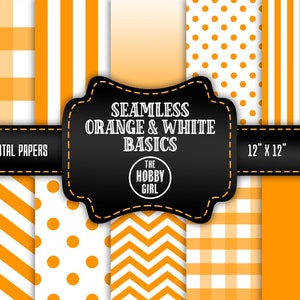 May include: Ten digital papers featuring seamless orange and white patterns. The patterns include gingham, stripes, polka dots, and chevron. The papers are 12 inches by 12 inches and 300 DPI.
