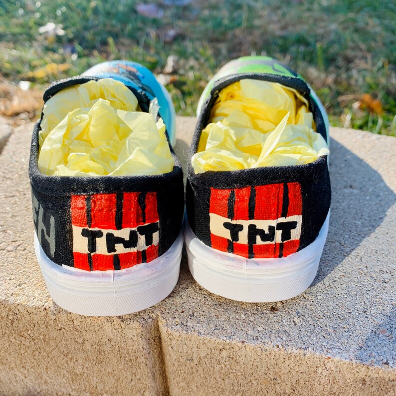 Minecraft Creeper Steve Alex TNT inspired slide on sneakers