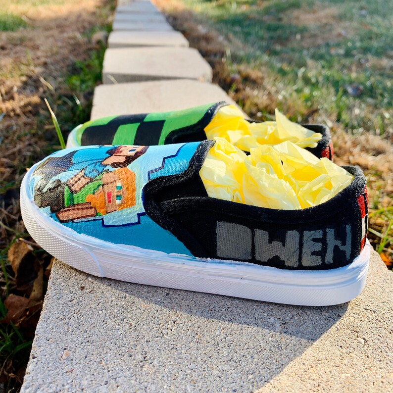 Minecraft Creeper Steve Alex TNT inspired slide on sneakers