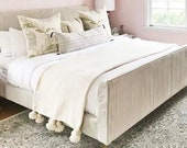Wool Moroccan Pompom Blanket,bedroom blanket,moroccan throw blanket,pompom blanket, Ivory moroccan throw blanket, Wool Blanket Throw Pom Pom