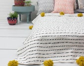 Cotton moroccan Blanket Throw Pom Pom, Moroccan PomPom Bedspread Coverlet, Hand Woven Bed Cover by Berber Artisans on Wooden Looms. Bw48