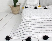 Cotton moroccan Blanket Throw Pom Pom, Moroccan PomPom Bedspread Coverlet, Hand Woven Bed Cover by Berber Artisans on Wooden Looms. Bw47