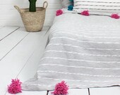 Cotton moroccan Blanket Throw Pom Pom, Moroccan PomPom Bedspread Coverlet, Hand Woven Bed Cover by Berber Artisans on Wooden Looms. Bw49