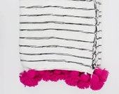 Cotton moroccan Blanket Throw Pom Pom, Moroccan PomPom Bedspread Coverlet, Hand Woven Bed Cover by Berber Artisans on Wooden Looms. Bw50