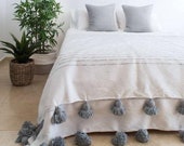 Cotton moroccan Blanket Throw Pom Pom, Moroccan PomPom Bedspread Coverlet, Hand Woven Bed Cover by Berber Artisans on Wooden Looms. Bw37