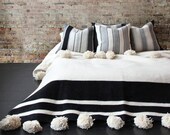 Cotton moroccan Blanket Throw Pom Pom, Moroccan PomPom Bedspread Coverlet, Hand Woven Bed Cover by Berber Artisans on Wooden Looms. Bw43