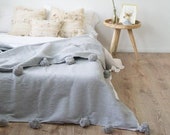 Cotton moroccan Blanket Throw Pom Pom, Moroccan PomPom Bedspread Coverlet, Hand Woven Bed Cover by Berber Artisans on Wooden Looms. Bw20
