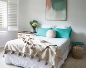 Cotton moroccan Blanket Throw Pom Pom, Moroccan PomPom Bedspread Coverlet, Hand Woven Bed Cover by Berber Artisans on Wooden Looms. Bw40