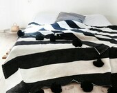 Cotton moroccan Blanket Throw Pom Pom, Moroccan PomPom Bedspread Coverlet, Hand Woven Bed Cover by Berber Artisans on Wooden Looms. Bw38