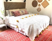 Cotton moroccan Blanket Throw Pom Pom, Moroccan PomPom Bedspread Coverlet, Hand Woven Bed Cover by Berber Artisans on Wooden Looms. Bw42