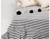 Cotton moroccan Blanket Throw Pom Pom, Moroccan PomPom Bedspread Coverlet, Hand Woven Bed Cover by Berber Artisans on Wooden Looms. Bw41