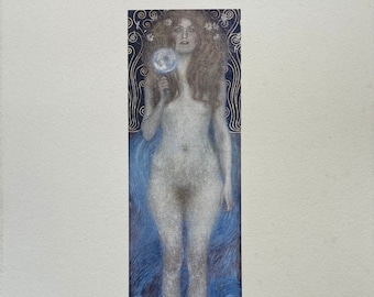 May include: A black and white print of a woman holding a glowing orb. The woman is nude and surrounded by swirling blue and gold patterns. The print is titled "Nuda Veritas" and is numbered 37/150. The artist's signature, "Gustav Klimt", is in the lower right corner.