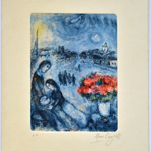Acquaforte di Marc Chagall, carta Arches, modernista, arte naif, surrealismo, artista espressionista, figure, arte onirica