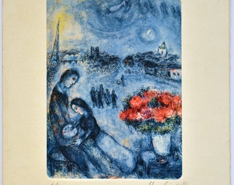 Marc Chagall etching, Arches paper, modernist, naive art, surrealism, expressionist artist, figures, dream art