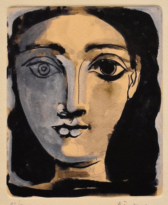 Vintage 1961 Pablo Picasso Portrait of Woman with Garland Art Print Vintage 1961 Pablo Picasso Portrait of Woman with Garland Art Print
