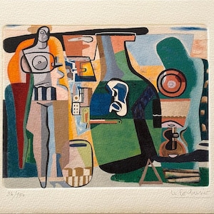 May include: A colourful abstract print with geometric shapes and figures. The print features a green, blue and black bottle, a red and orange figure, and a yellow and brown background. The print is titled "Le Fordeur".