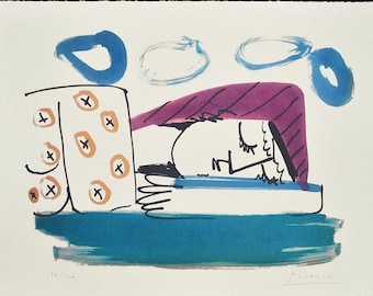 パブロ・ピカソ「La femme～」リトグラフ 直筆サイン入り お洒落な額装 1968年 パブロ・ピカソ サイン入りカラーリトグラフ「驚きの顔