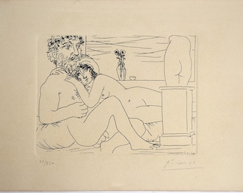 May include: A black and white line drawing of a couple embracing. The man has a beard and a wreath on his head. The woman is lying on his lap. There is a vase with flowers and a sculpture in the background.