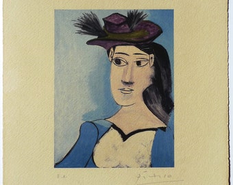 May include: A watercolor painting of a woman wearing a purple hat with feathers and a blue dress. The background is a light blue color.