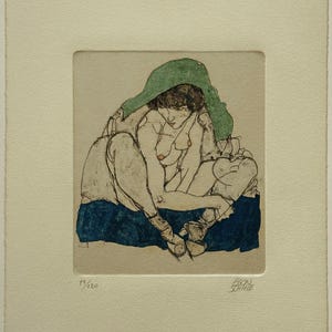 May include: An etching print of a seated figure, with a green cloth draped over the head and shoulders. The figure is drawn in black ink with a blue base. The print is on a cream-colored paper, with the text "19/120" and the artist's signature.