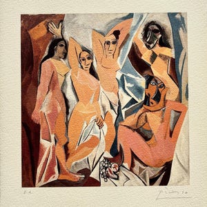 Peut inclure: Peinture à l'aquarelle abstraite représentant des figures nues dans des tons orange, rose et marron. L'œuvre représente plusieurs figures dans diverses poses, avec une grappe de raisins au premier plan. Signée et datée, avec les initiales "E.A." visibles.