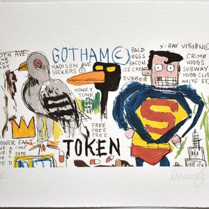 Peut inclure: Une illustration colorée dessinée à la main de Superman avec le texte "Gotham" et "X-Ray Vision" au-dessus de lui. L'illustration comprend également un pigeon, un oiseau noir et le texte "Token" au centre de l'image.