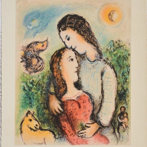 Litografia di Marc Chagall, carta Arches, modernista, arte naif, surrealismo, artista espressionista, figure, arte onirica