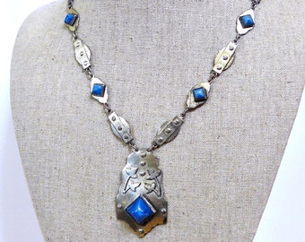 Vintage German Art Deco Dark Blue Lapis Glass Silver Tone Flower Pendant Necklace 17"