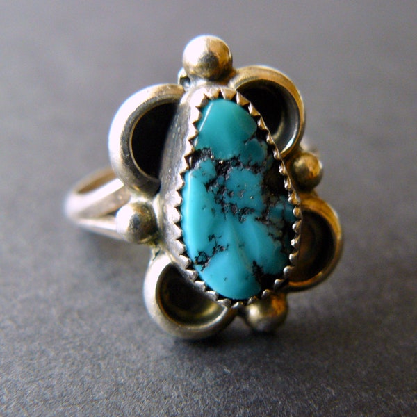 Signed TURQUOISE RING Teardrop Sterling Silver Vintage Native American Size 7.5 Split Shank 4.7g