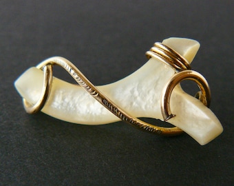 Antique Victorian Mother Of Pearl Carved Branch Brooch Pin Unmarked Gold Filled C Clasp Handmade