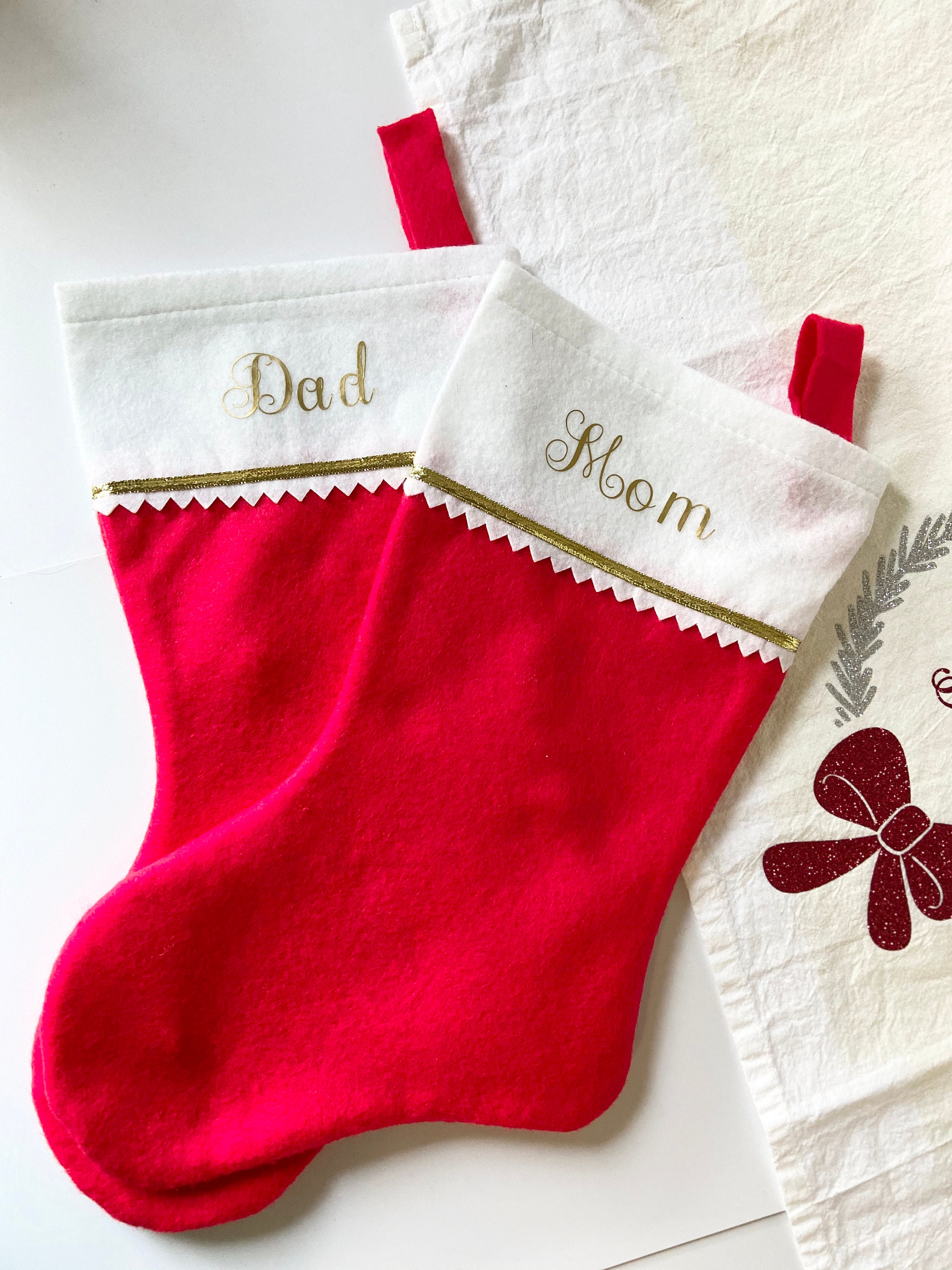 Christmas Stockings Red and white Felt Gold ribbon | Etsy