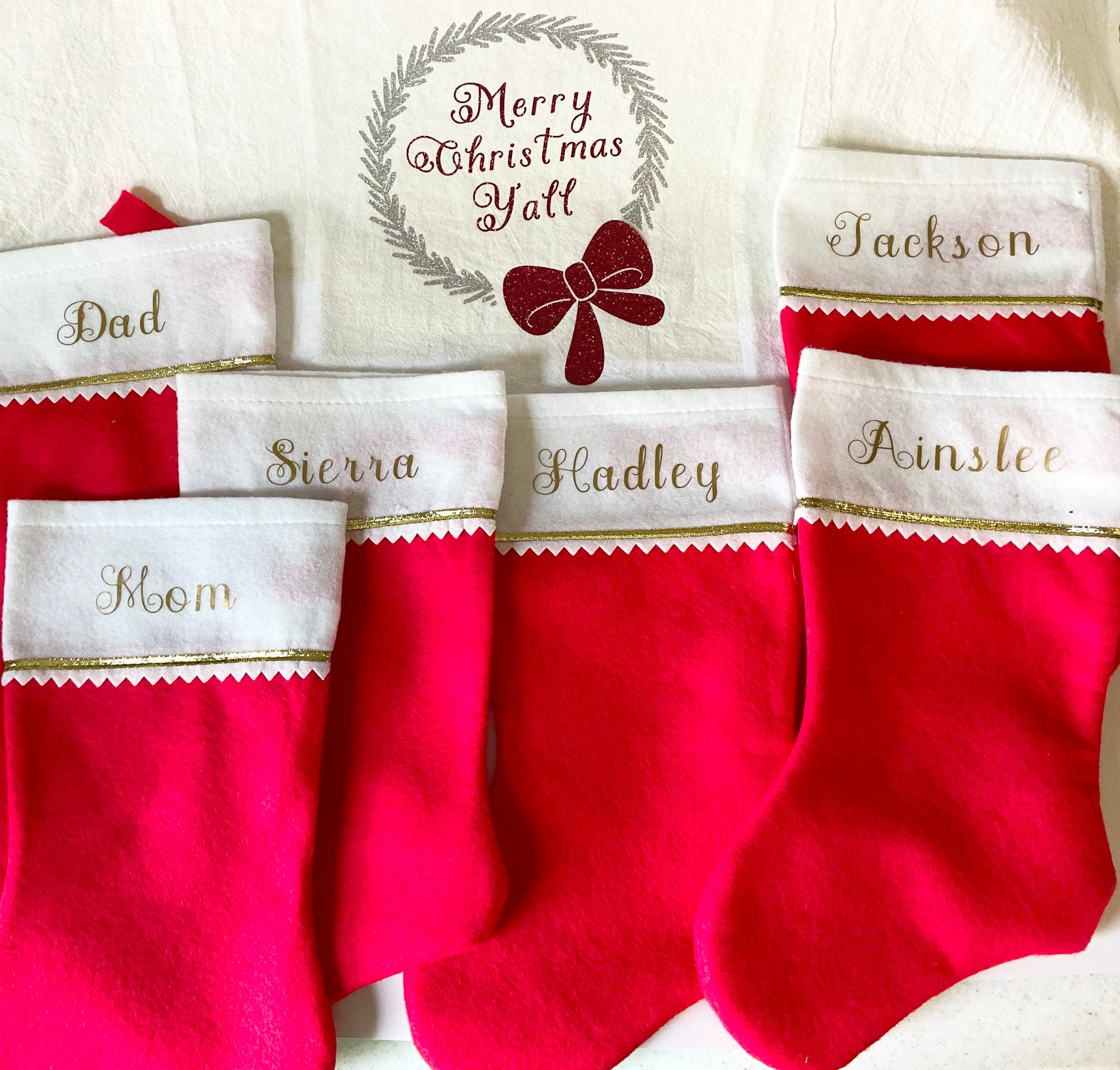 Christmas Stockings Red and white Felt Gold ribbon | Etsy