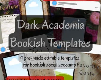 Plantilla de reseña de libros, plantillas para redes sociales, plantillas de libros de Dark Academia *DESCARGA DIGITAL*