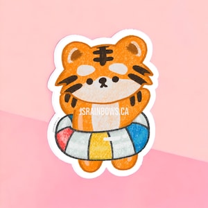 Sticker tigre kawaii, Mochi va nager - Vinyle découpé, Sticker décoratif imperméable | beignet gonflable
