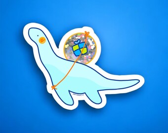 Sticker dinosaure rétro pailleté, plésiosaure - vinyle découpé, imperméable, autocollant décoratif