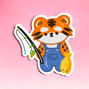 Kawaii Tiger Sticker, Mochi goes fishing - Die Cut Vinyl, Waterproof, Decorative Sticker
