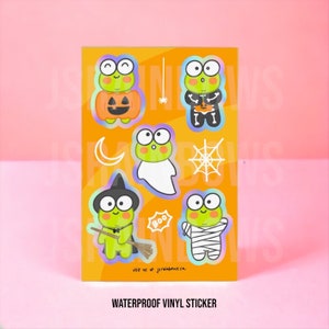 Hoja de pegatinas de vinilo impermeables de la rana kawaii - Pegatinas de Halloween - Rana Jellybean - Pegatinas holográficas