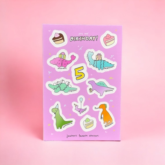 Premium Waterproof Vinyl Birthday Dinosaur Sticker Sheet - Dishwasher Safe