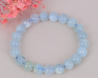 Natural Aquamarine Bracelet | 8mm Round Ball Beads, Light Blue Crystal