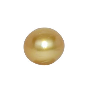 May include: A single, golden pearl against a white backdrop. The spherical pearl has a smooth surface with a warm, reflective glow. The pearl's colour ranges from light gold to a deeper, richer tone.