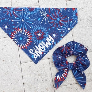 Firework Dog/Cat Bandana | FREE Personalization | Over the collar bandana | Scrunchie available | Summer BBQ party bandana | 4th of July USA