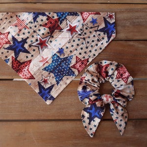 4th of July Dog/Cat Bandana with FREE PERSONALIZATION | Slides over the collar bandana | Cute Photo Idea | Scrunchie available | USA