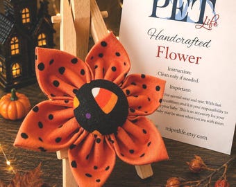Halloween Dog Collar Flower with Ghost charm, Pet-Safe Cotton, Adjustable Velcro, Ready to order