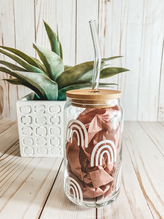 Boho Rainbow Glass Drinking Cup, Iced Coffee Aesthetic Glass