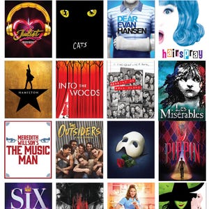 Puede incluir: Imagen promocional con logotipos de musicales como "Juliet", "Cats", "Dear Evan Hansen", "Hairspray", "Hamilton", "Into the Woods", "Les Misérables" y "Wicked". El texto "Whimsy Arts" está en la parte superior, y "Don't see a show you want? Just ask!" en la inferior.