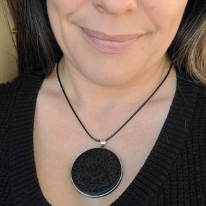 Aztec Calendar Obsidian Mirror Pendant • Hand Carved • Scrying Tool • Shadow Work • Spiritual Jewelry • Shamanic Protection w Necklace