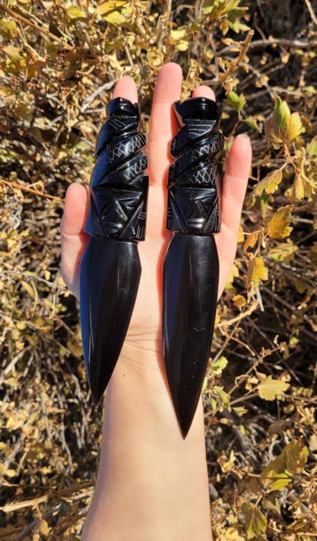 Hand Carved Obsidian Dagger / Knife With Gods & Serpent's as Handles