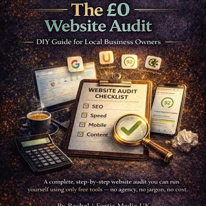 May include: Promotional image for a website audit guide. The image features a laptop, smartphone, calculator, coffee cup, and a clipboard with a checklist. The text reads "The £0 Website Audit" and "DIY Guide for Local Business Owners."