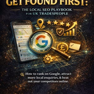 Könnte beinhalten: Werbegrafik mit dem Text "GET FOUND FIRST: THE LOCAL SEO PLAYBOOK FOR UK TRADESPEOPLE". Das Bild zeigt ein Smartphone mit einer Google-Suche, eine Lupe über dem Google-Logo und andere SEO-bezogene Symbole.